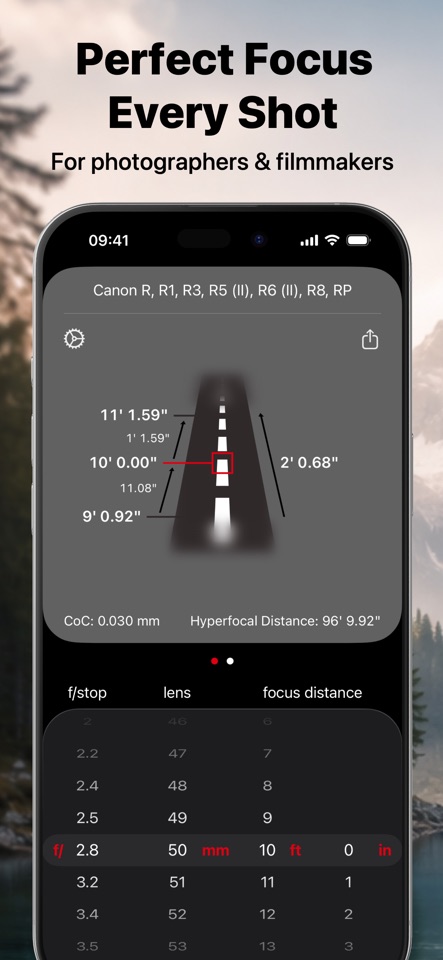 Simple DoF Calculator screenshot showing real-time depth of field calculation results