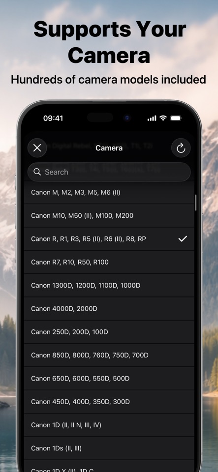 Simple DoF Calculator screenshot showing camera settings selection